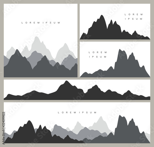 Set of mountain silhouettes backgrounds. Vector templates for business cards, greetings, prints, web design, invitations and banners. Stylish cards in outdoor style. Travelling concept.