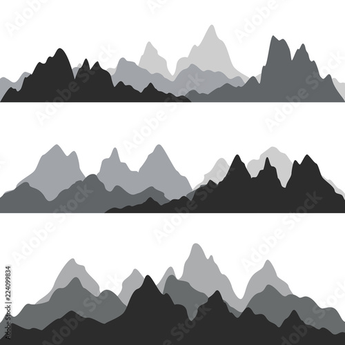 Beautiful mountain landscapes in the morning. Vector horizontal banners. Mountain ridges isolated on white. Set of outdoor design elements.