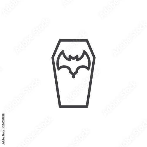 Halloween coffin outline icon. linear style sign for mobile concept and web design. Coffin with bat simple line vector icon. Symbol, logo illustration. Pixel perfect vector graphics
