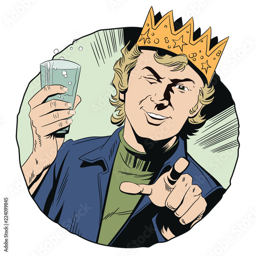 Cheerful guy in crown with glass. Man pointing his finger.