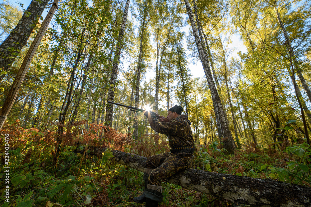 Hunter with a gun in the autumn forest against a background of trees with yellow foliage
Hunter with a gun in the autumn forest against a background of trees with yellow foliage