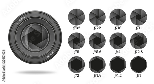 Aperture icon set with value numbers. Camera shutter lens diaphragm row. Vector illustration.