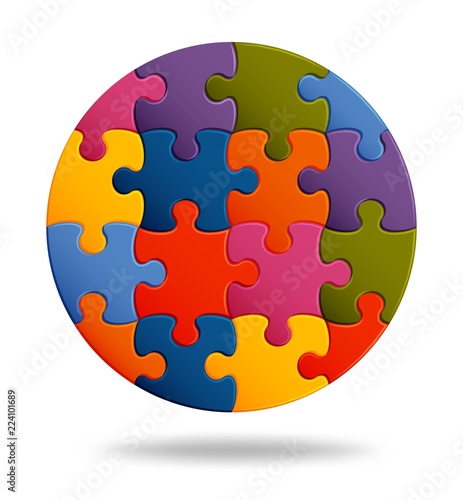 Jigsaw puzzle background with many colorful pieces. Abstract mosaic template. Ball shape. Vector illustration.