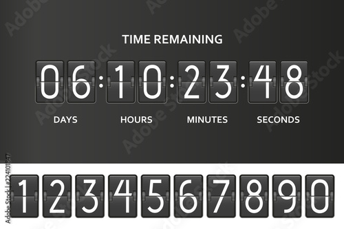 Flip countdown clock counter timer. Time remaining count down board with scoreboard of day, hour, minutes and seconds. Under constuction page template. Vector illustration