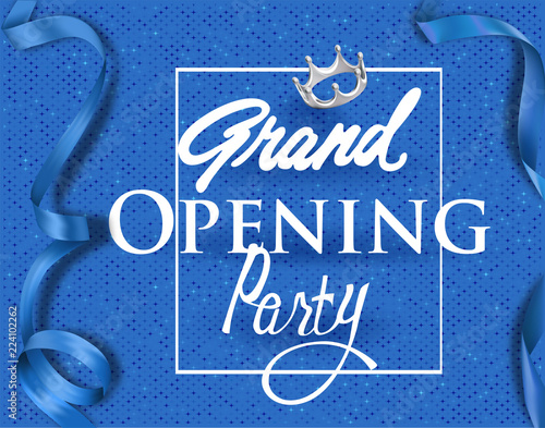 Grand opening invitation card with blue elegant ribbons and background. Vector illustration