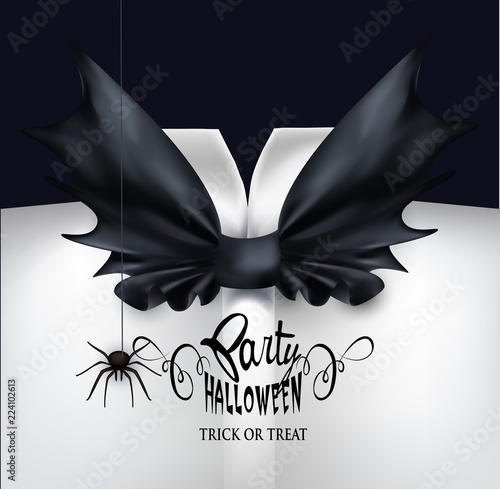 Halloween party invitation card with bat shaped bow tie and spider . Vector Illustration