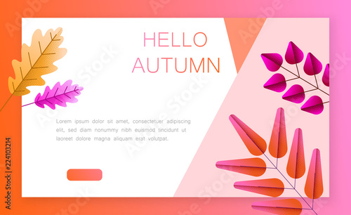 Hello autumn card with leaves. Landing page template.