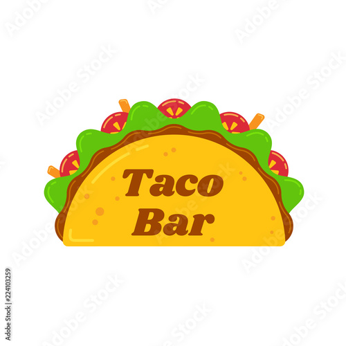Traditional mexican tacos food bar isolated illustration. Spicy delicious vector taco with beef, meat sauce, carrot sticks, green salad and red tomato with big sign Taco Bar for food truck logo