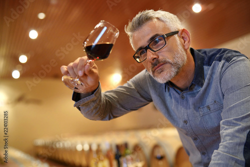 Fotografie Winemaker tasting red wine in cellar