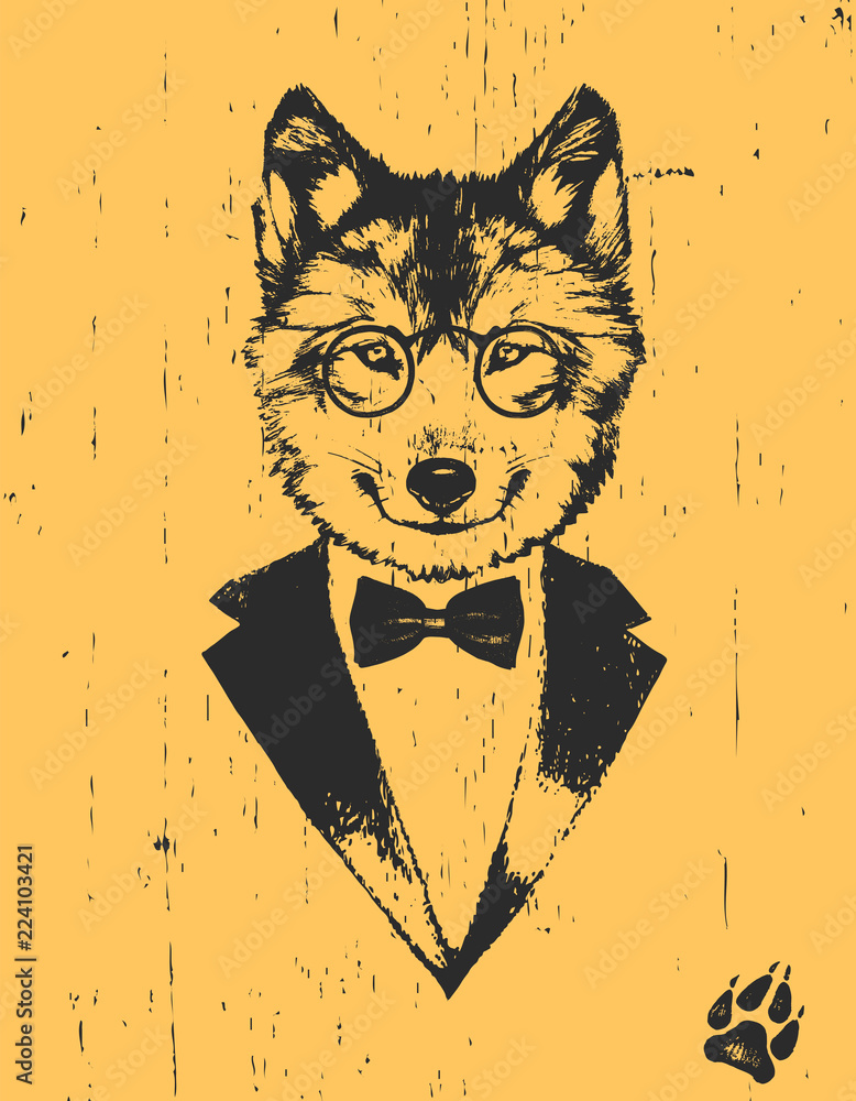 Naklejka premium Portrait of Wolf in suit, hand-drawn illustration, vector