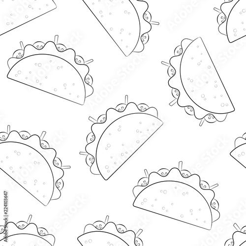 Mexican taco fastfood silhouette seamless pattern. Traditional outline tacos with beef or chicken meat, salad and tomato on white background for cafe menu, restaurant decoration or food truck design