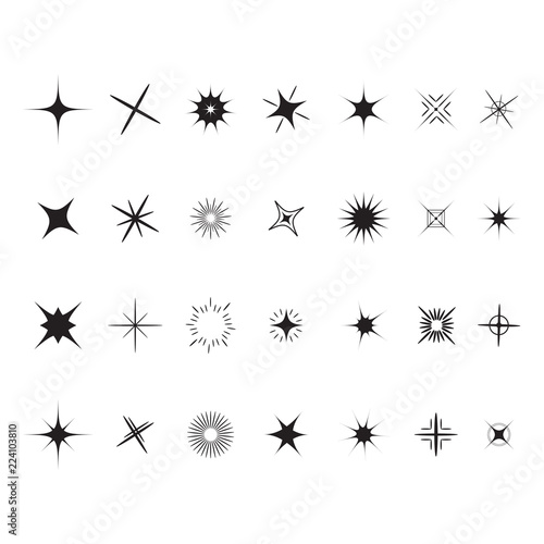 Stars Sparkles sign symbol set. Decoration element. Cute shape collection. Shining effect. Flat design. White background.