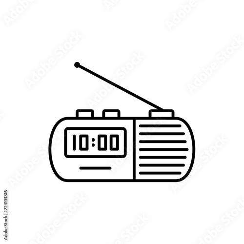 Vector illustration of modern radio clock with aerial & digital display. Line icon of table rectangular alarm clock playing music as a ring. Isolated on white background.