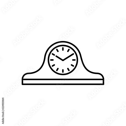 Vector illustration of vintage mantel desk clock. Line icon of analog device for measuring time. Old shelf wooden clock. Isolated object on white background.