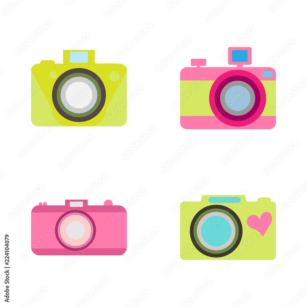 Set of 4 cameras in a flat style on a white background Set of 4 cameras in a flat style on a white background