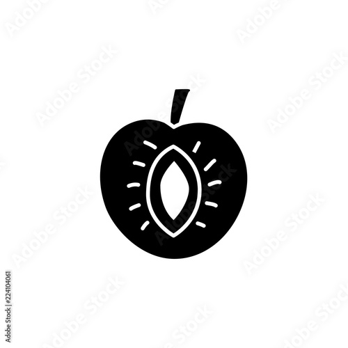 Black & white vector illustration of apricot. Flat icon of fresh cut fruit with sead. Vegan & vegetarian food. Health eating ingredient. Isolated object