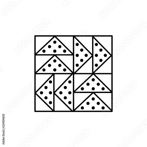 Black & white vector illustration of flying geese quilt pattern. Line icon of quilting & patchwork geometric design template. Isolated on white background.