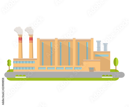 Industrial factory in flat style a vector.Manufacturing engineering brick building. The plant building with pipes.Road tree window facade. Industrial production.Industrial design.Mass production plant