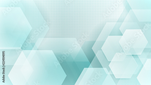 Abstract background of hexagons and halftone dots in white and turquoise colors