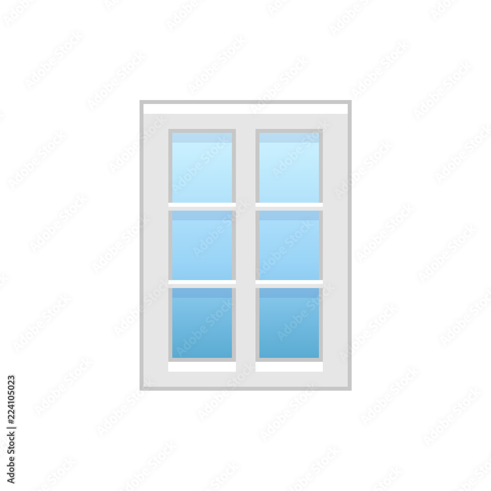 Vector illustration of modern vinyl casement window. Flat icon of aluminum window with 2 movable panels and decorative muntins. Isolated on white background. Vector illustration of modern vinyl casement window. Flat icon of aluminum window with 2 movable panels and decorative muntins. Isolated on white background.