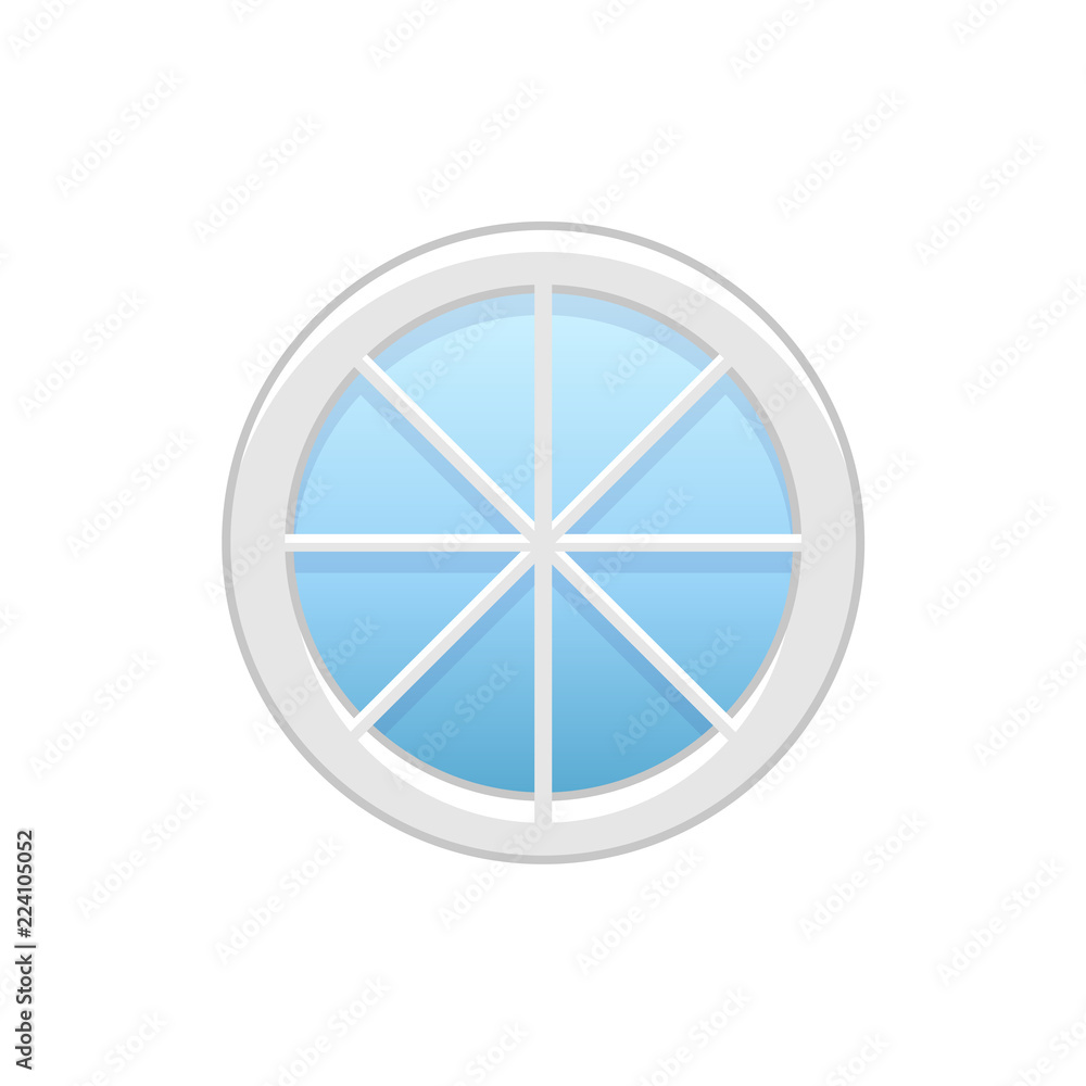 Vector illustration of round attic vinyl wheel window. Flat icon of traditional aluminum circular window with radial bars for mansard & garret. Isolated on white background. Vector illustration of round attic vinyl wheel window. Flat icon of traditional aluminum circular window with radial bars for mansard & garret. Isolated on white background.