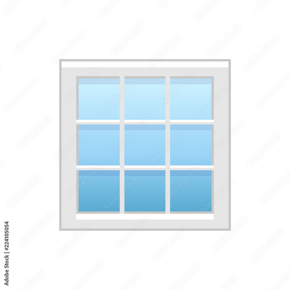 Vector illustration of modern vinyl square window. Flat icon of large aluminum casement window for house & office. Isolated on white background. Vector illustration of modern vinyl square window. Flat icon of large aluminum casement window for house & office. Isolated on white background.