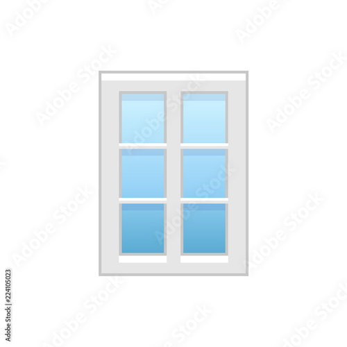Vector illustration of modern vinyl casement window. Flat icon of aluminum window with 2 movable panels and decorative muntins. Isolated on white background.