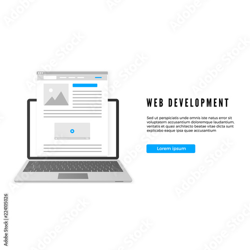 Website development concept. Website or landing page template on computer display. .Blogging or content create concept. Vector illustration