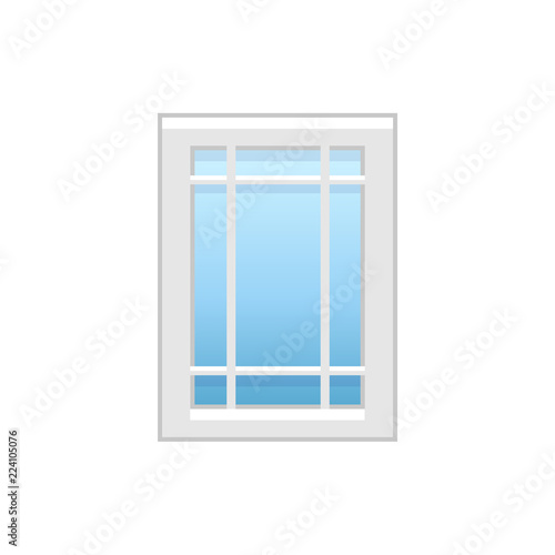 Vector illustration of vintage vinyl casement window. Flat icon of aluminum window with decorative metal bars. Isolated on white background.