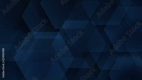 Abstract background of hexagons and halftone dots in dark blue colors