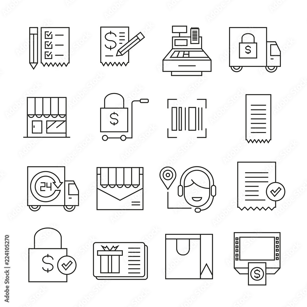 e commerce and shopping icons outline on white background e commerce and shopping icons outline on white background