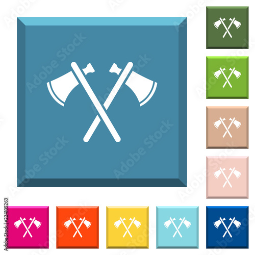 Two tomahawks white icons on edged square buttons