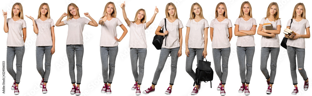 Fototapeta premium Collage of young woman. Isolated on white background