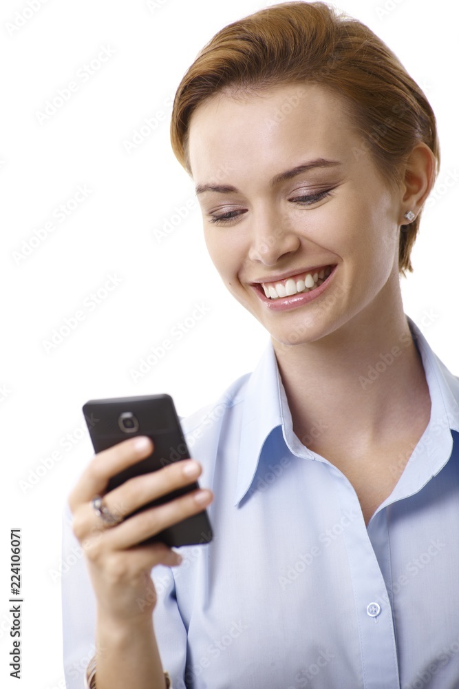 Closeup portrait of businesswoman with mobile