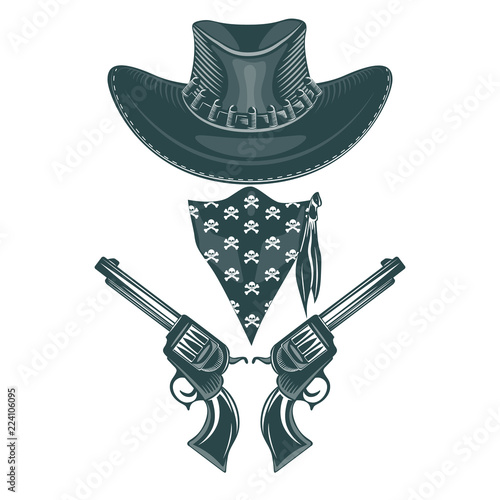Cowboy set. Hat, Revolvers and Mask. Monochrome hand drawn tatoo style