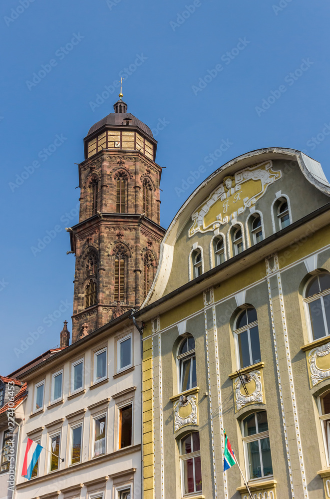 Decorated facade and St. Jacobi tower in Gottingen, Germany