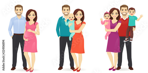 Set of family stages of development. Husband with pregnant wife. Parents with newborn baby. Mother and father with daughter and son. Vector illustration.