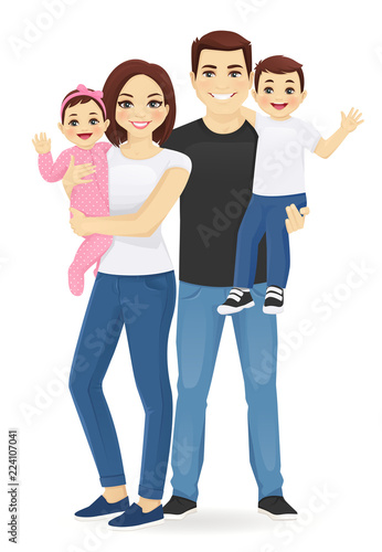 Young parents with newborn baby and toddler boy vector illustration isolated. Happy family portrait. Mother and father with daughter and son
