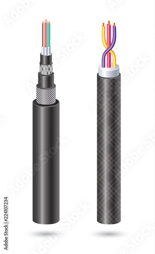 Fiber Optic Cable and Copper Wire Isolated on White Background.