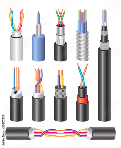 Set Realistic Electric Industrial Fiber Optic Cable and Copper Wire Isolated on White Background.