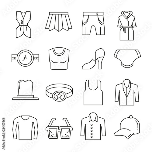 clothing and accessories icons thin line on white background