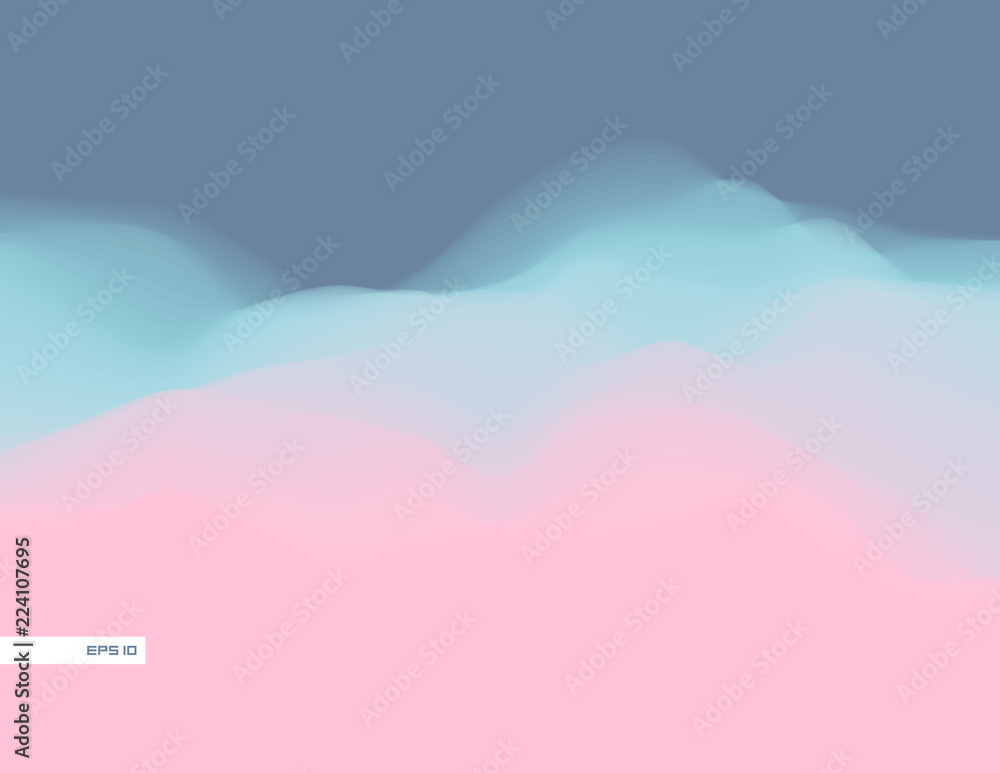 Colorful fluid dynamic wavy structure. Soft smooth gradient surface. Modern abstract illustration. Pale mild clouds. Flowing digital vapor. Futuristic background wallpaper. Element of design.