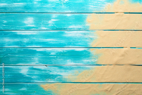 Photography Sea sand on blue wooden floor,Top view with copy space