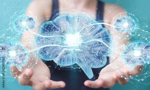 Businesswoman creating artificial intelligence in a digital brain 3D rendering