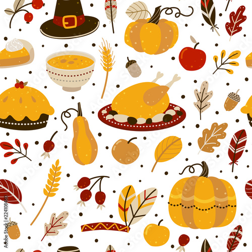 Seamless pattern withThanksgiving day elements isolated on white