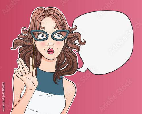 Wow pop art female face. Closeup of pop sexy art surprised woman with wide open eyes holds cat's eye glasses. Vector colorful comic style illustration.