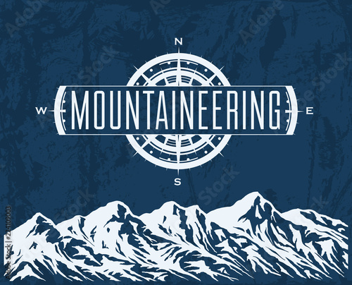 Mountaineering and travelling grunge background with huge mountain range silhouette and windrose. Vector illustration.