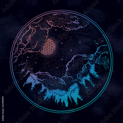 Forest and the starry night sky with moon.