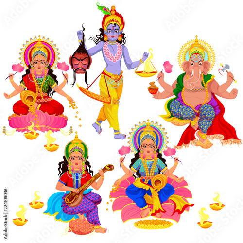 Diwali Indian holiday gods and goddess set