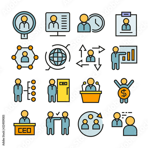 office and business management icons in color style